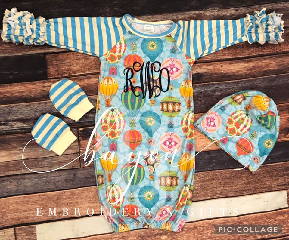 Ruffled Sleeve Hot Air Balloon printed infant gown set, 3 pcs