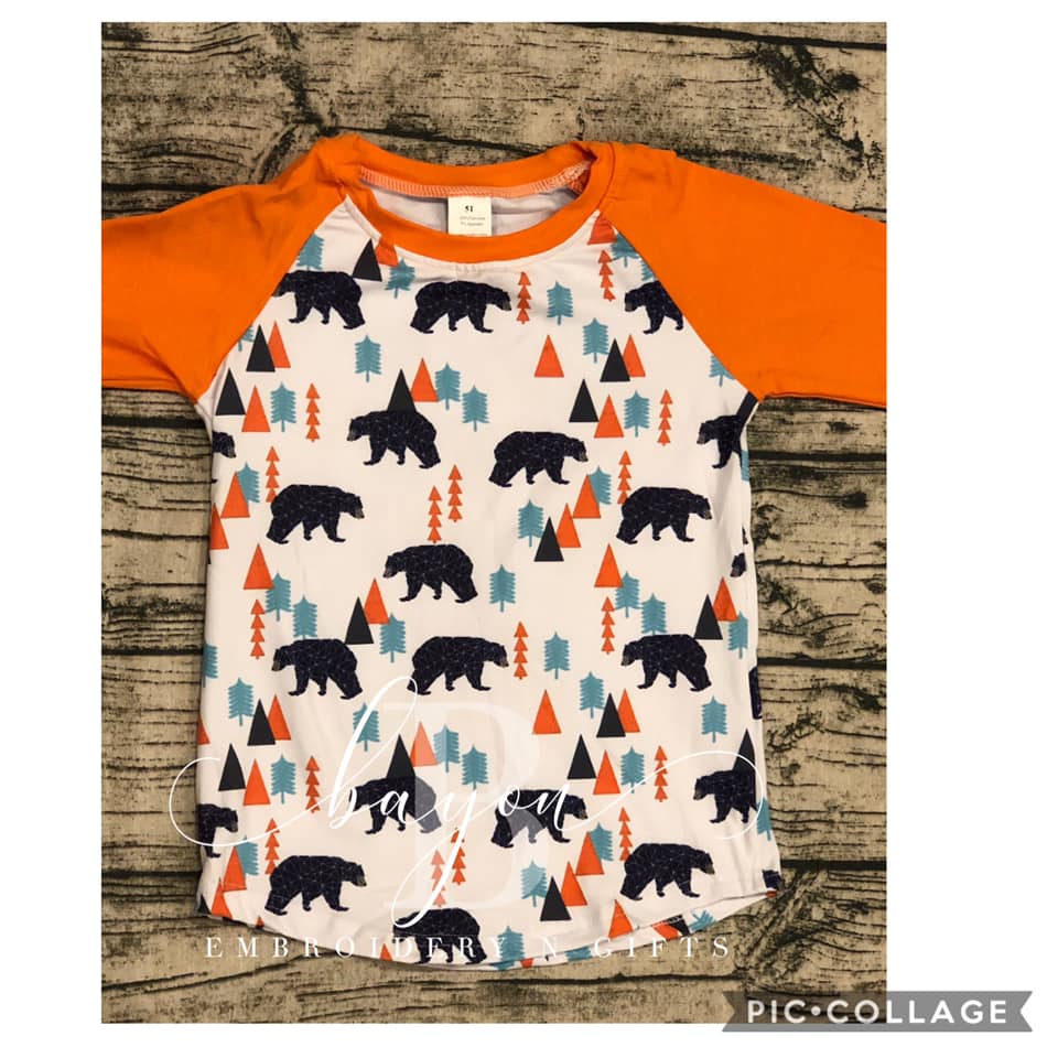 Bear in Forest print 3/4 sleeve raglan