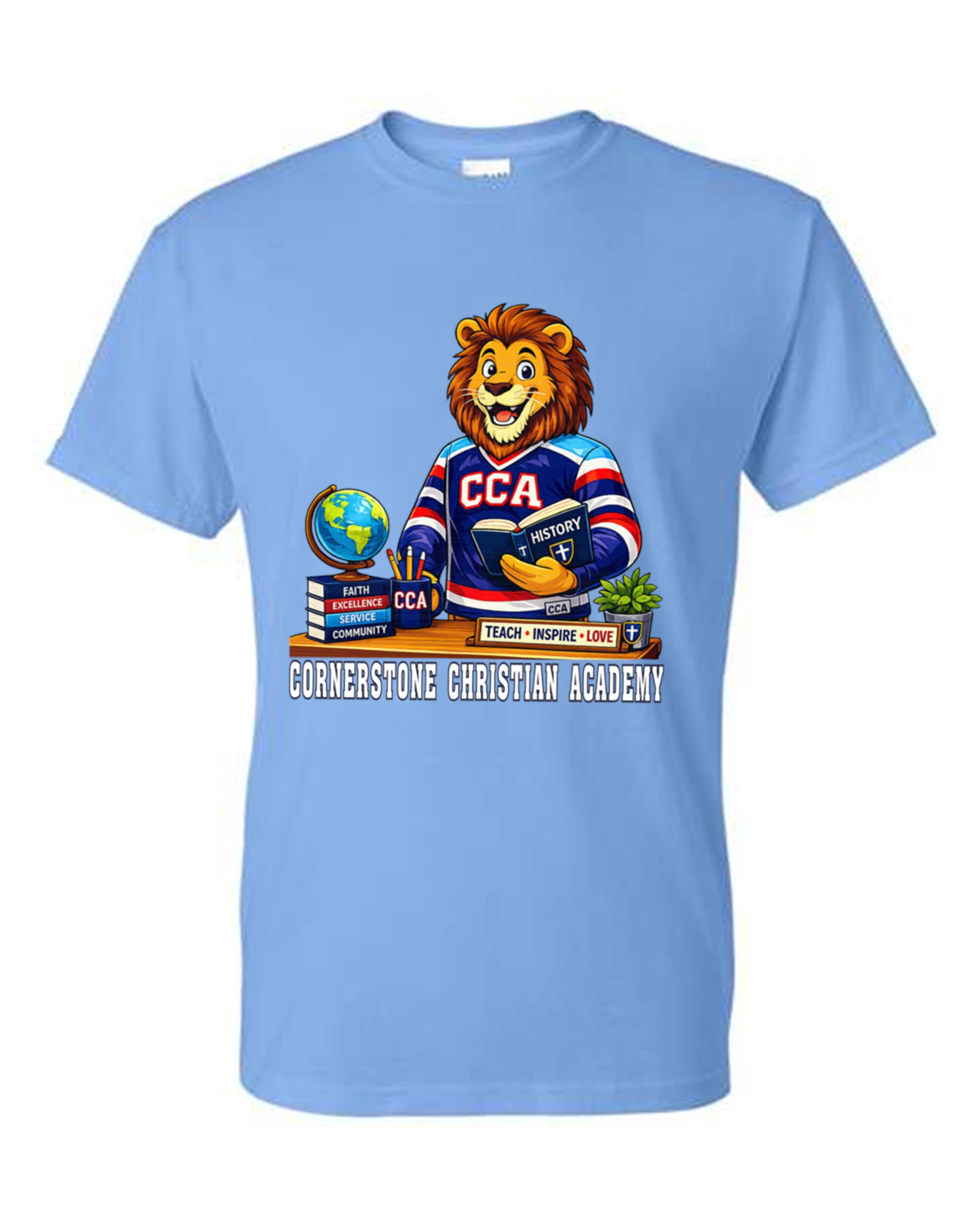 CCA CORNERSTONE LIONS Teacher at a Desk, Wearing a CCA Jersey Design #W