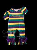 Mardi Gras Romper purple, green, gold stripes with bows Toddler