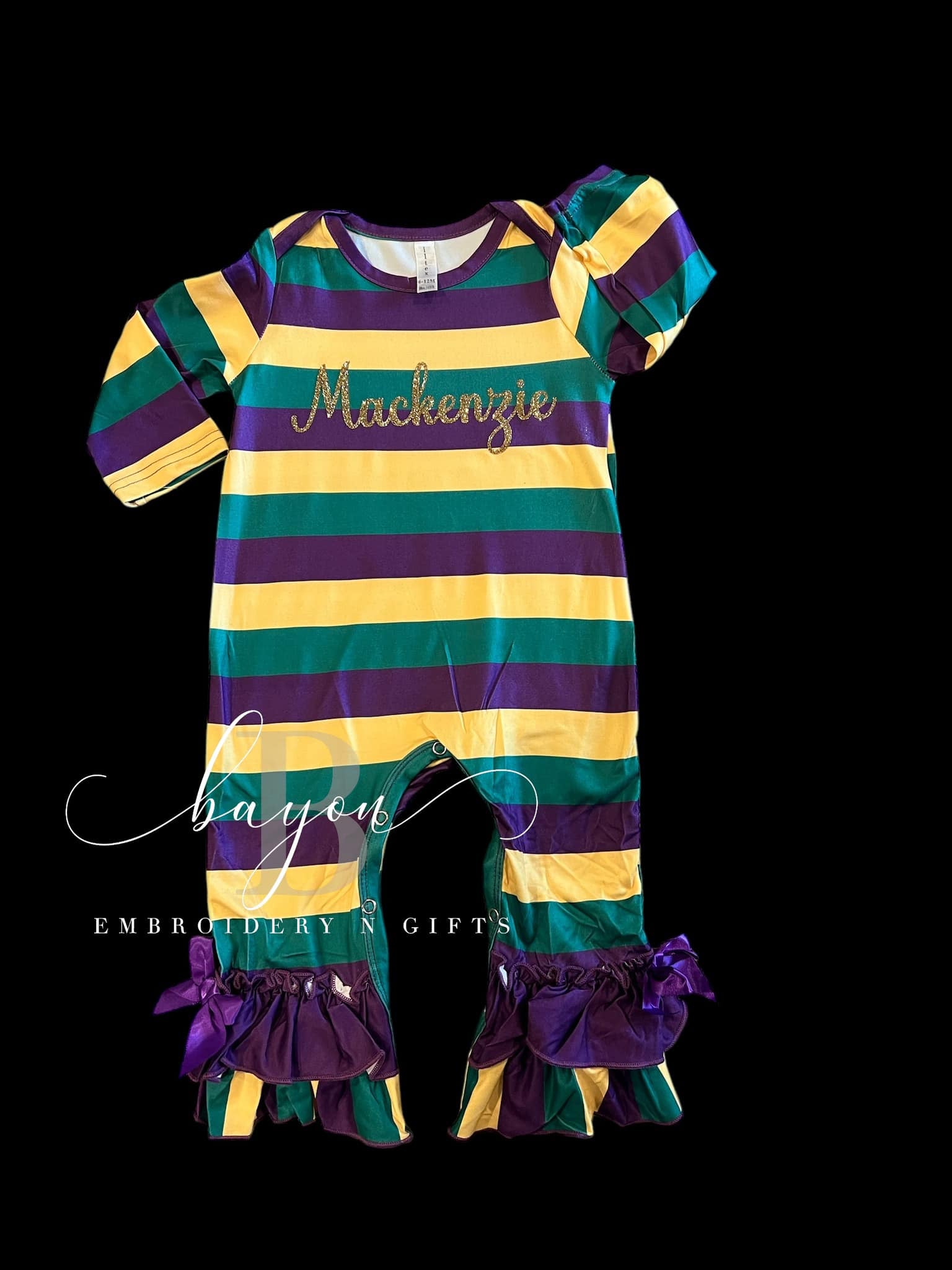 Mardi Gras Romper purple, green, gold stripes with bows Toddler