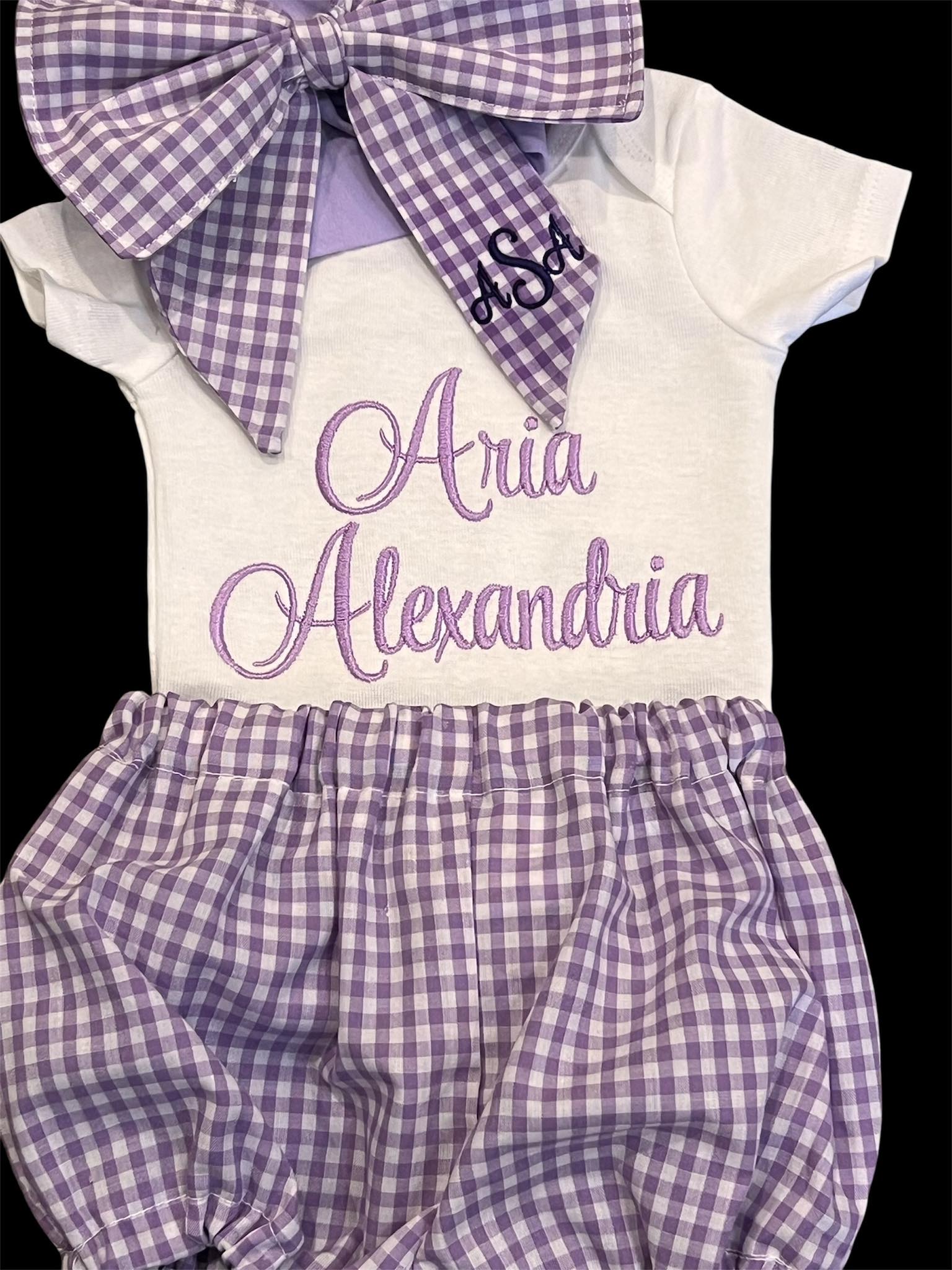 Personalized onesie & bloomer set with matching bow